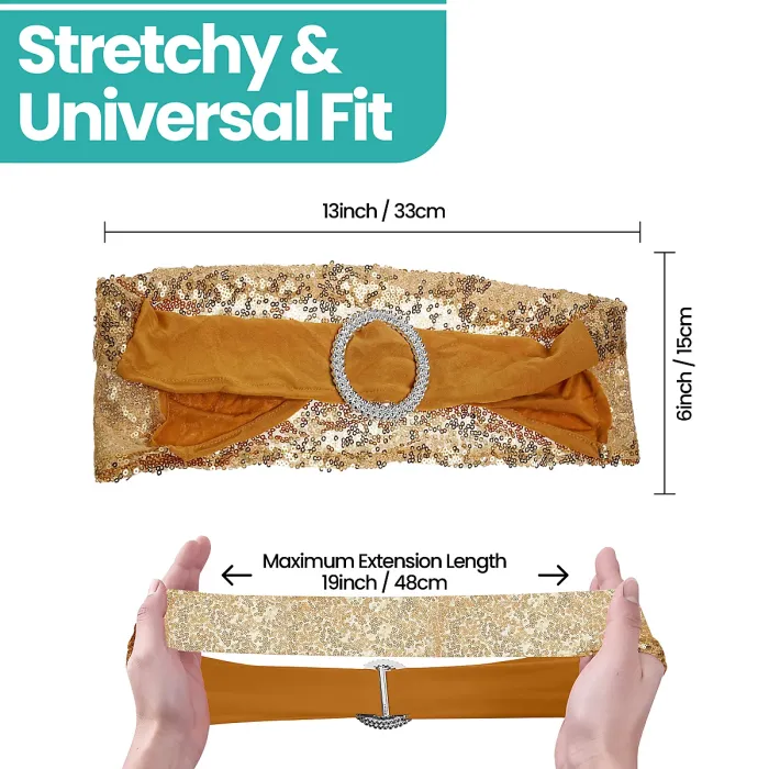 Gold Sequin Chair Band with Slider Buckle Stretchy Chair Band Sash, Pack of 1