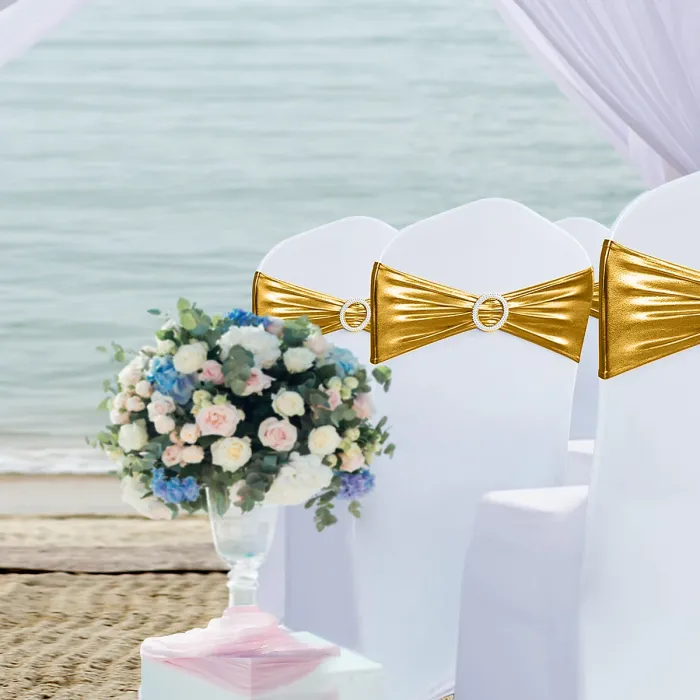 1pc Shiny Chair Band with Slider Buckle Synthetic Fabric Elastic Sash, Gold