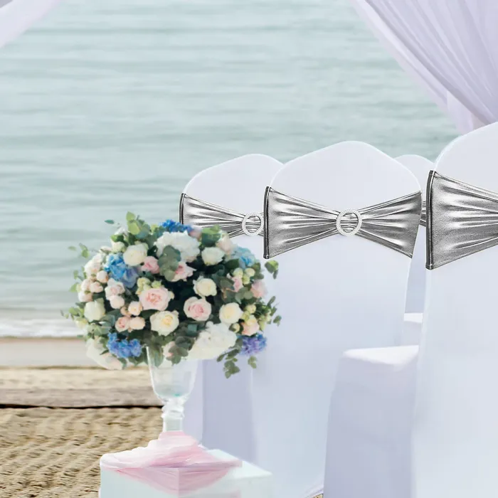 1pc Shiny Chair Band with Slider Buckle Synthetic Fabric Elastic Sash, Silver