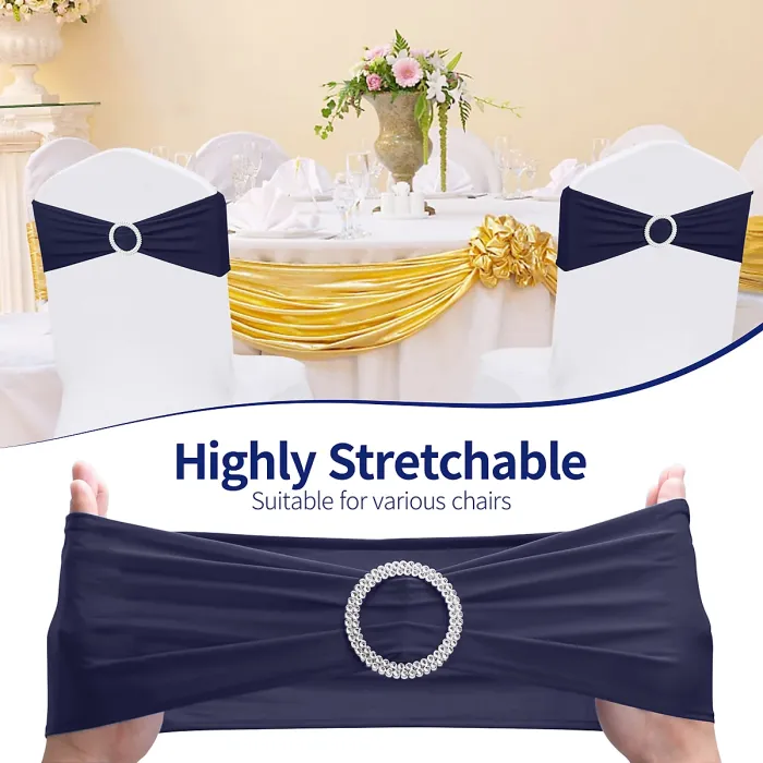 Navy Blue Spandex Chair Band with Slider Buckle Stretchy Chair Band Sash, 1pc