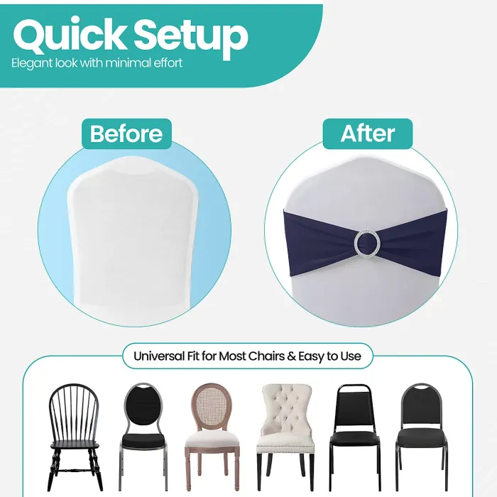 Navy Blue Spandex Chair Band with Slider Buckle Stretchy Chair Band Sash, 1pc