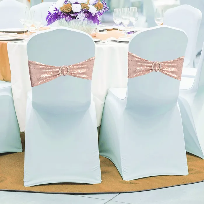 Rose Gold Sequin Chair Band with Slider Buckle Stretchy Chair Band Sash, Pack of 1