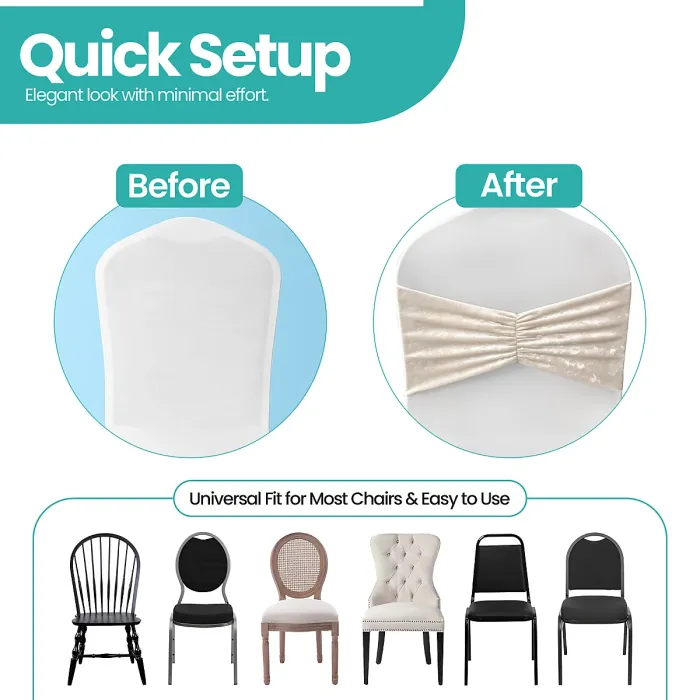 Velvet Chair Band Glitz Shiny Fabric Strechy Chair Band Sash, Champagne, 1pc