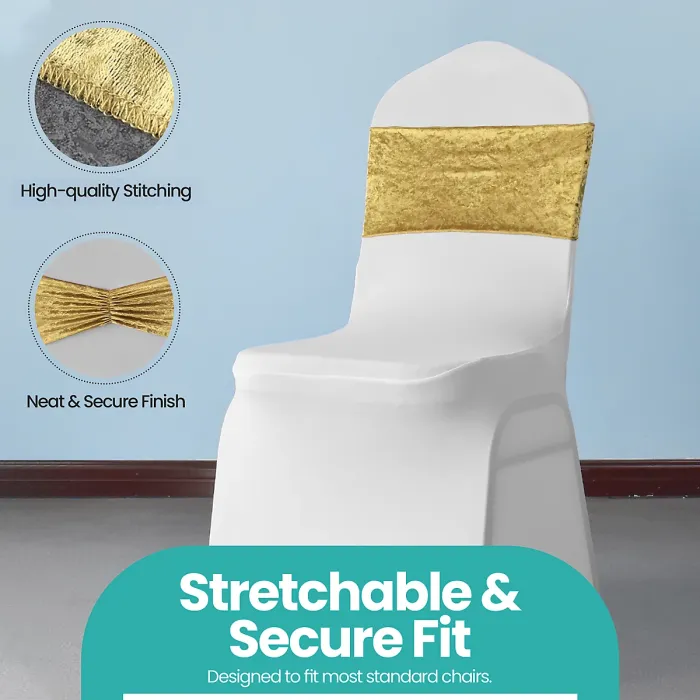Velvet Chair Band Glitz Shiny Fabric Strechy Chair Band Sash, Gold, 1pc