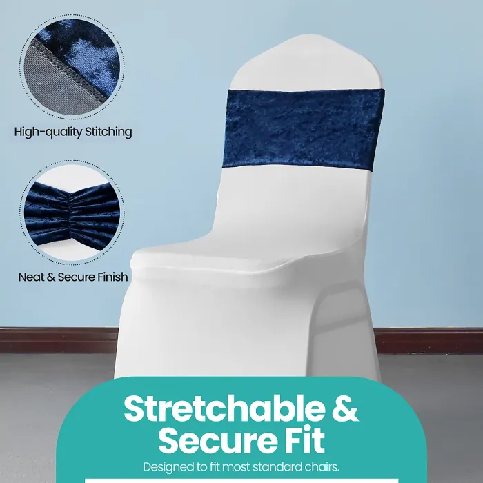Velvet Chair Band Glitz Shiny Fabric Strechy Chair Band Sash, Navy, 1pc