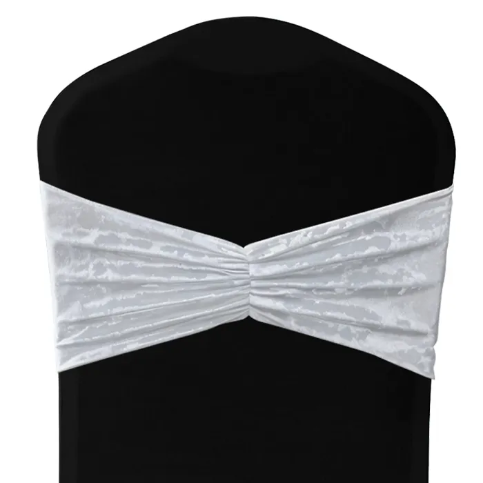 Velvet Chair Band Glitz Shiny Fabric Strechy Chair Band Sash, White, 1pc