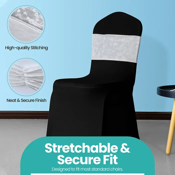 Velvet Chair Band Glitz Shiny Fabric Strechy Chair Band Sash, White, 1pc