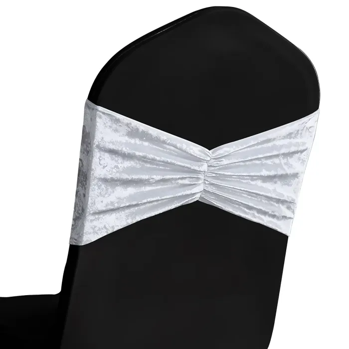 Velvet Chair Band Glitz Shiny Fabric Strechy Chair Band Sash, White, 1pc