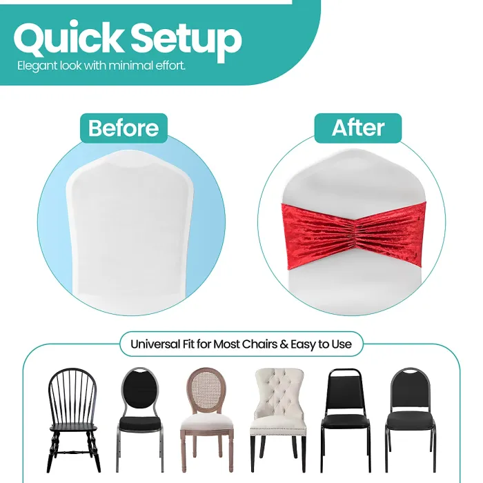 Velvet Chair Band Glitz Shiny Fabric Strechy Chair Band Sash, Red, 1pc