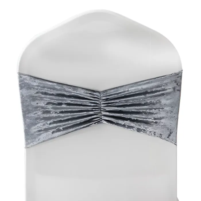 Velvet Chair Band Glitz Shiny Fabric Strechy Chair Band Sash, Silver, 1pc