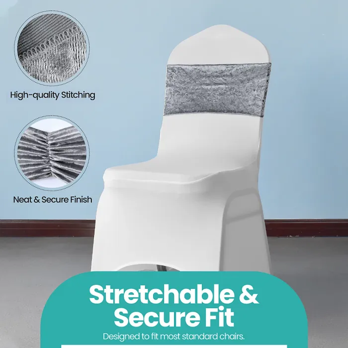 Velvet Chair Band Glitz Shiny Fabric Strechy Chair Band Sash, Silver, 1pc