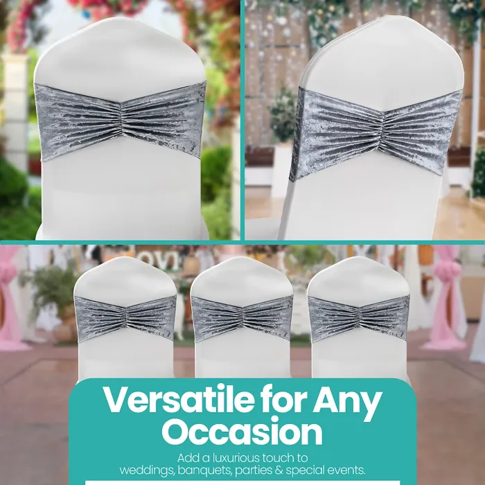 Velvet Chair Band Glitz Shiny Fabric Strechy Chair Band Sash, Silver, 1pc