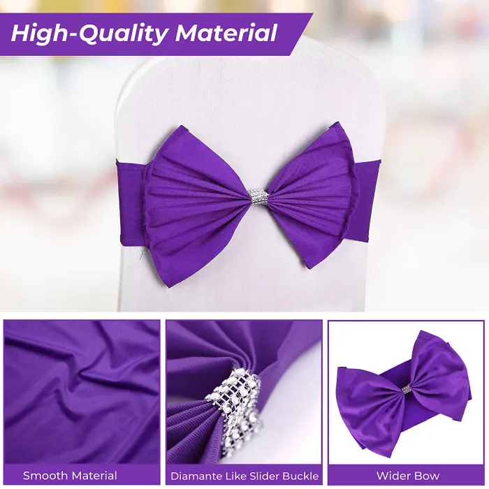 10pcs Wider Chair Bows Sash Band with Slider Buckle, Purple