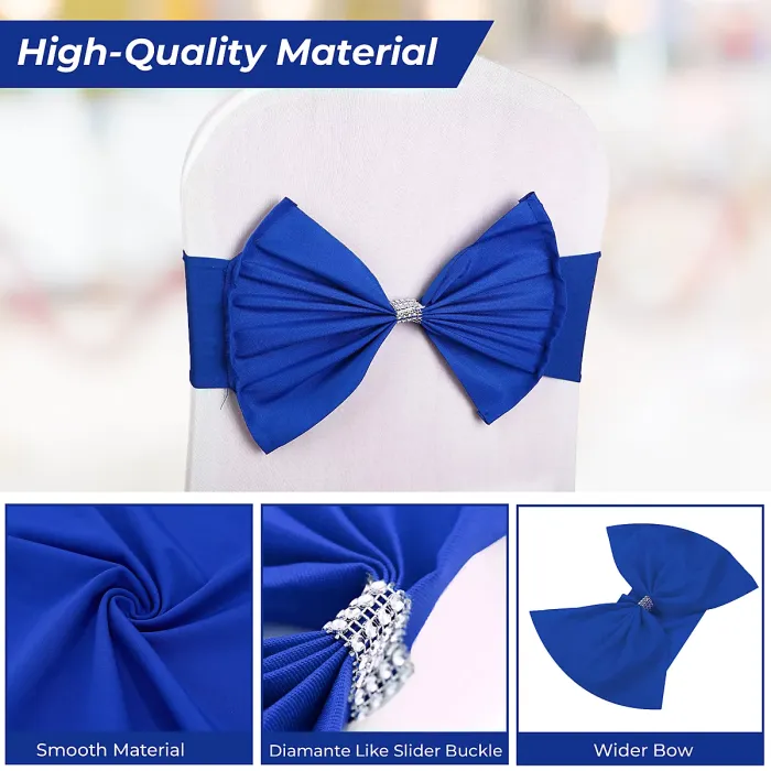 10pcs Wider Chair Bows Sash Band with Slider Buckle, Royal Blue