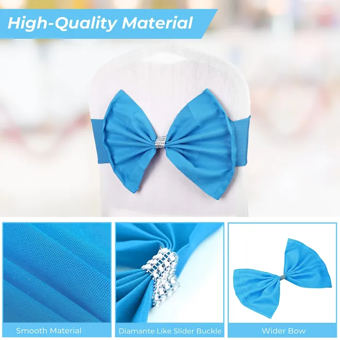 10pcs Wider Chair Bows Sash Band with Slider Buckle, Turquoise