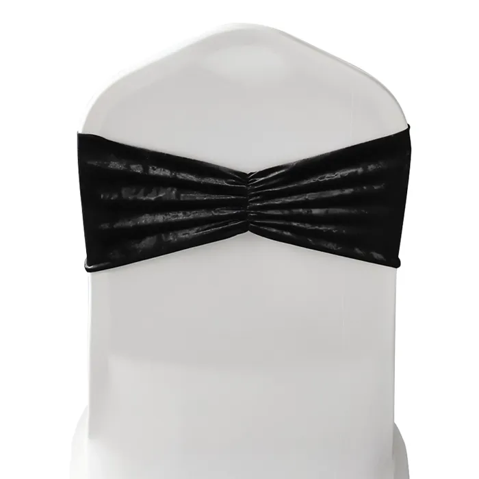 Pack of 10 Velvet Chair Band Glitz Shiny Fabric Strechy Chair Band Sash, Black