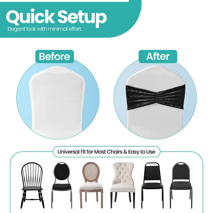 Pack of 10 Velvet Chair Band Glitz Shiny Fabric Strechy Chair Band Sash, Black