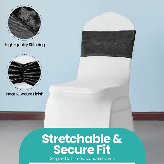 Pack of 10 Velvet Chair Band Glitz Shiny Fabric Strechy Chair Band Sash, Black