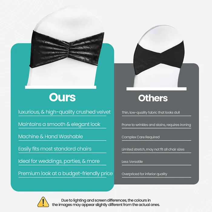 Pack of 10 Velvet Chair Band Glitz Shiny Fabric Strechy Chair Band Sash, Black