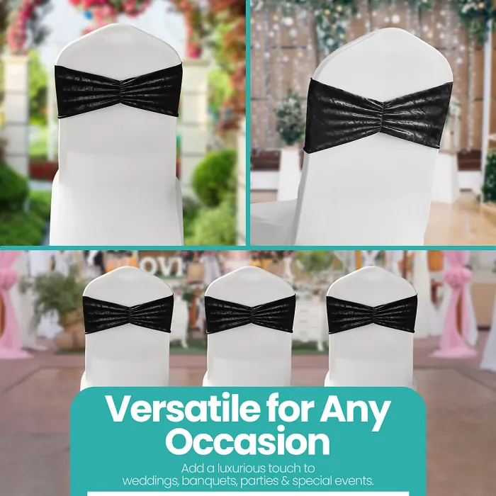 Pack of 10 Velvet Chair Band Glitz Shiny Fabric Strechy Chair Band Sash, Black
