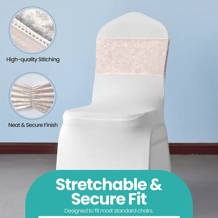 Pack of 10 Velvet Chair Band Glitz Shiny Fabric Strechy Chair Band Sash, Blush Pink