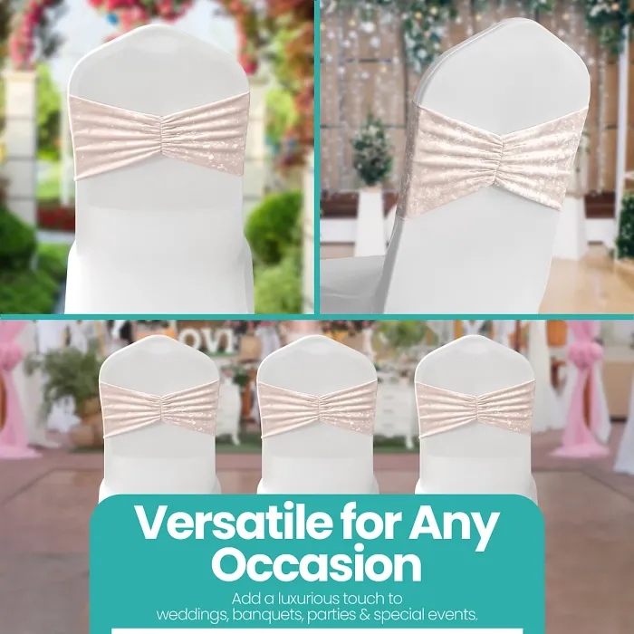 Pack of 10 Velvet Chair Band Glitz Shiny Fabric Strechy Chair Band Sash, Blush Pink