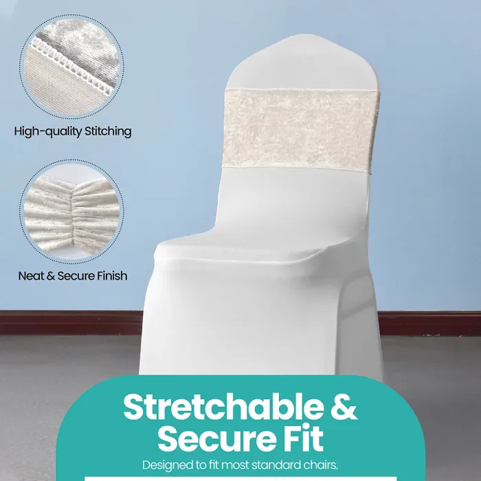 Pack of 10 Velvet Chair Band Glitz Shiny Fabric Strechy Chair Band Sash, Champagne