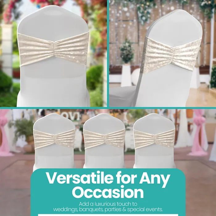 Pack of 10 Velvet Chair Band Glitz Shiny Fabric Strechy Chair Band Sash, Champagne
