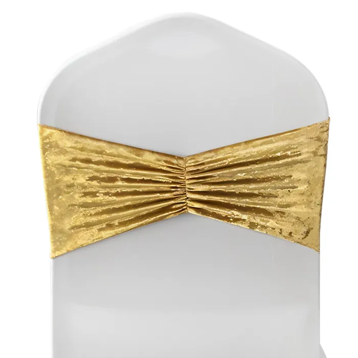 Pack of 10 Velvet Chair Band Glitz Shiny Fabric Strechy Chair Band Sash, Gold