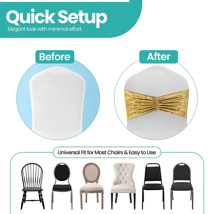 Pack of 10 Velvet Chair Band Glitz Shiny Fabric Strechy Chair Band Sash, Gold