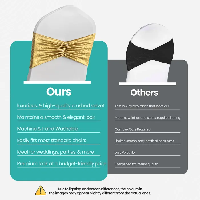 Pack of 10 Velvet Chair Band Glitz Shiny Fabric Strechy Chair Band Sash, Gold