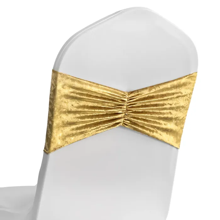 Pack of 10 Velvet Chair Band Glitz Shiny Fabric Strechy Chair Band Sash, Gold