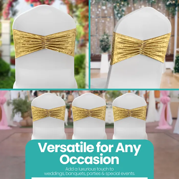 Pack of 10 Velvet Chair Band Glitz Shiny Fabric Strechy Chair Band Sash, Gold