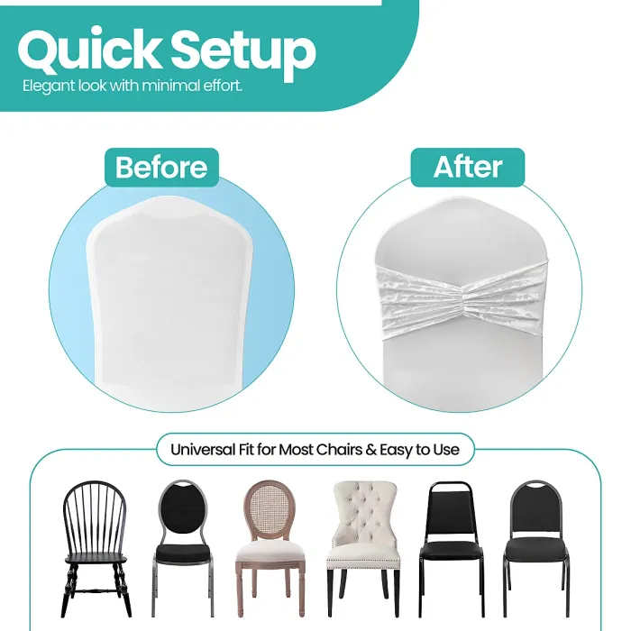 Pack of 10 Velvet Chair Band Glitz Shiny Fabric Strechy Chair Band Sash, Ivory