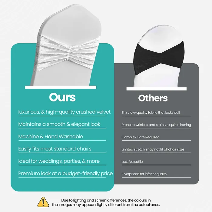 Pack of 10 Velvet Chair Band Glitz Shiny Fabric Strechy Chair Band Sash, Ivory