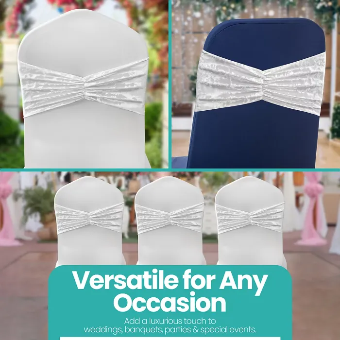 Pack of 10 Velvet Chair Band Glitz Shiny Fabric Strechy Chair Band Sash, Ivory