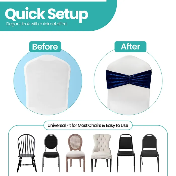 Pack of 10 Velvet Chair Band Glitz Shiny Fabric Strechy Chair Band Sash, Navy