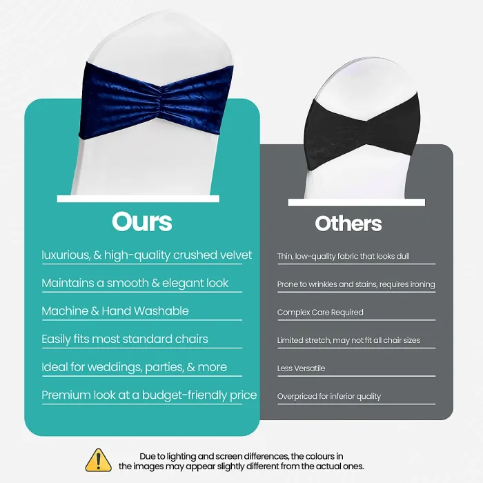 Pack of 10 Velvet Chair Band Glitz Shiny Fabric Strechy Chair Band Sash, Navy