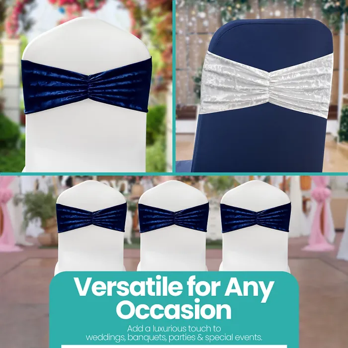 Pack of 10 Velvet Chair Band Glitz Shiny Fabric Strechy Chair Band Sash, Navy