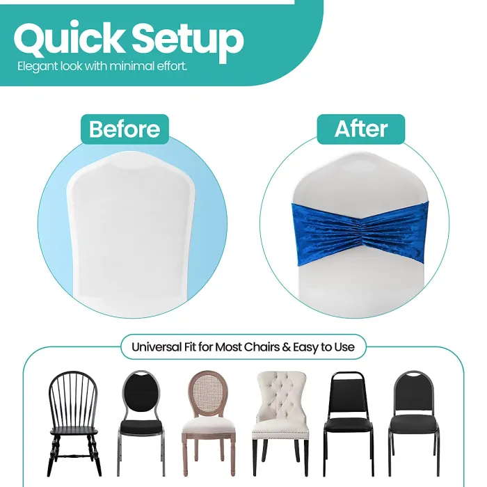 Pack of 10 Velvet Chair Band Glitz Shiny Fabric Strechy Chair Band Sash, Royal Blue