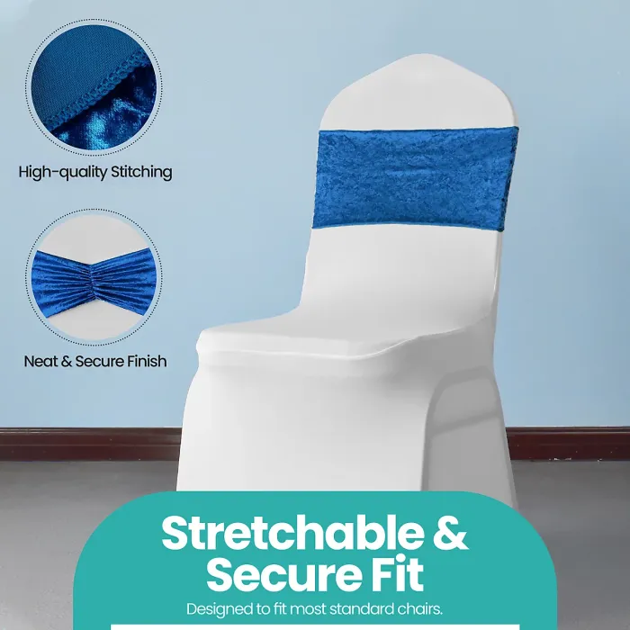 Pack of 10 Velvet Chair Band Glitz Shiny Fabric Strechy Chair Band Sash, Royal Blue
