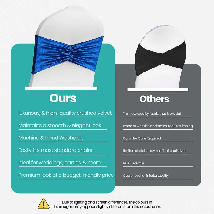 Pack of 10 Velvet Chair Band Glitz Shiny Fabric Strechy Chair Band Sash, Royal Blue