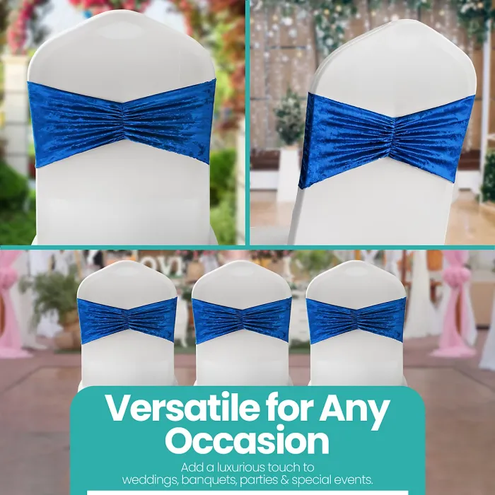 Pack of 10 Velvet Chair Band Glitz Shiny Fabric Strechy Chair Band Sash, Royal Blue