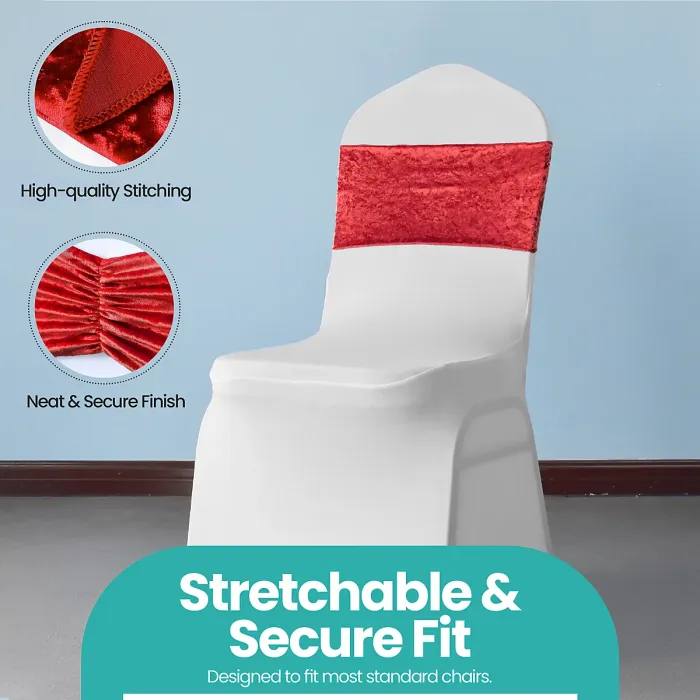 Pack of 10 Velvet Chair Band Glitz Shiny Fabric Strechy Chair Band Sash, Red