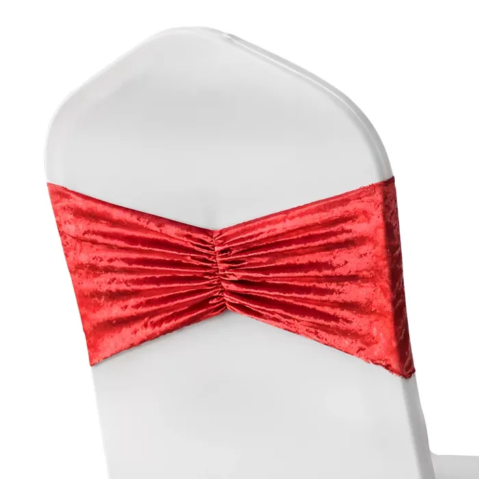 Pack of 10 Velvet Chair Band Glitz Shiny Fabric Strechy Chair Band Sash, Red