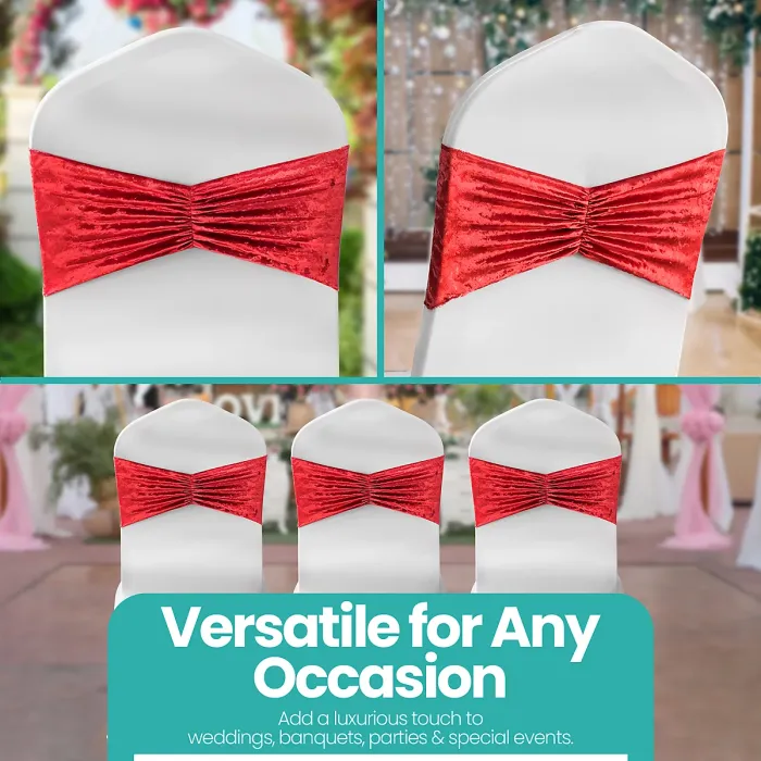 Pack of 10 Velvet Chair Band Glitz Shiny Fabric Strechy Chair Band Sash, Red