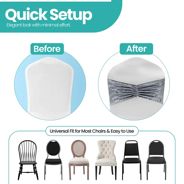 Pack of 10 Velvet Chair Band Glitz Shiny Fabric Strechy Chair Band Sash, Silver