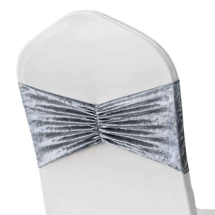 Pack of 10 Velvet Chair Band Glitz Shiny Fabric Strechy Chair Band Sash, Silver