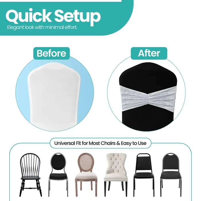 Pack of 10 Velvet Chair Band Glitz Shiny Fabric Strechy Chair Band Sash, White