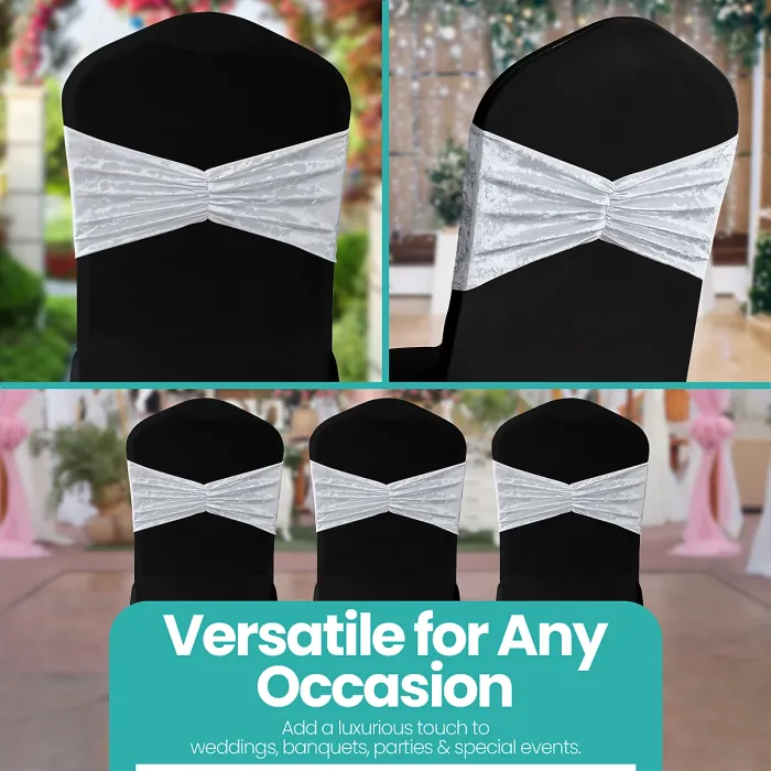 Pack of 10 Velvet Chair Band Glitz Shiny Fabric Strechy Chair Band Sash, White